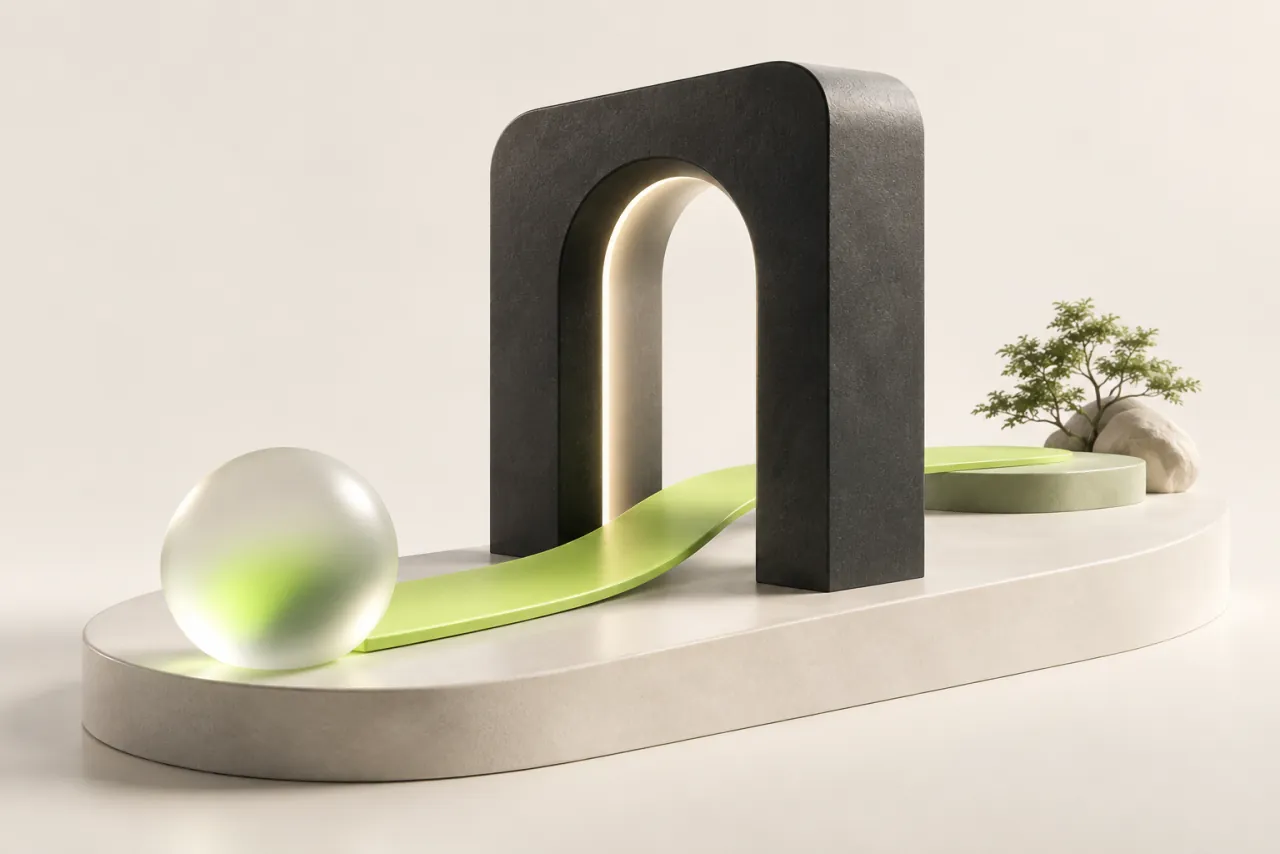 A lime pathway passes through a sculptural graphite portal on an ivory platform.