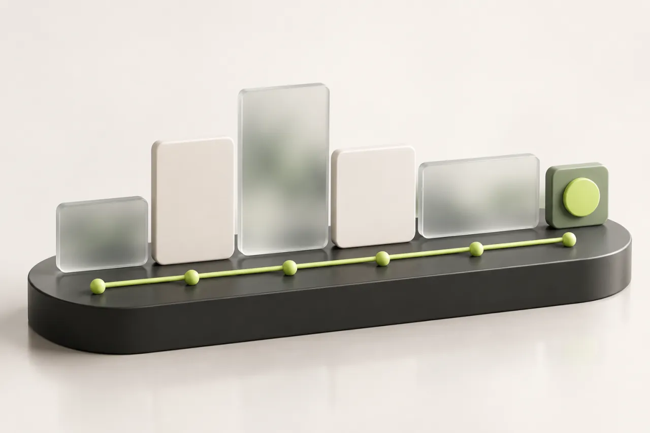 Blank frosted-glass and ceramic content tiles form a stepped sequence beside a lime guide rail.