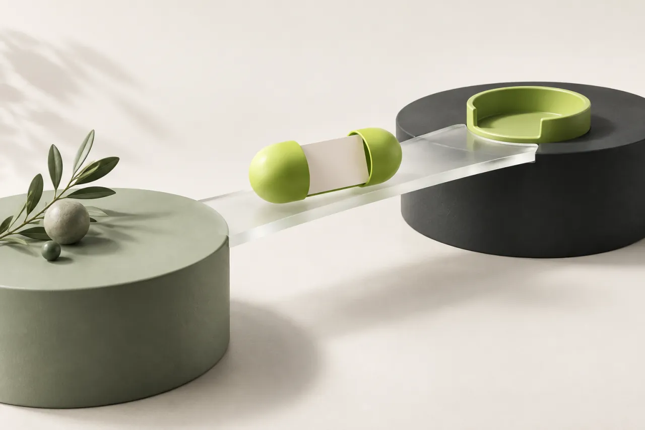 A lime capsule holding a blank card crosses a glass bridge between sage and charcoal platforms.