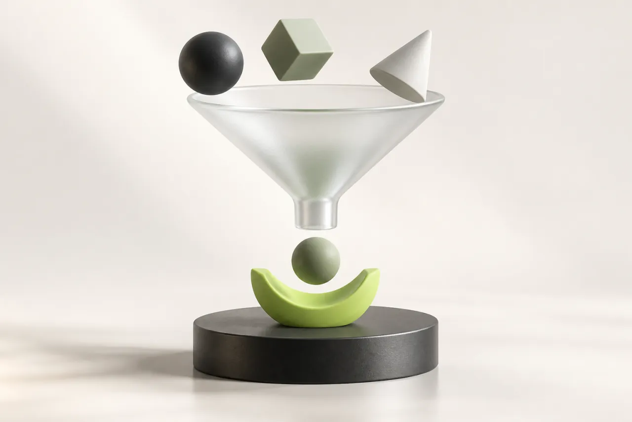 A glass funnel guides a sage sphere toward a matching lime cradle beneath suspended geometric shapes.