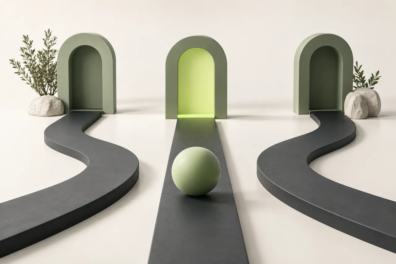 Three charcoal paths lead toward sage gateways, with a sphere approaching the highlighted central entrance.