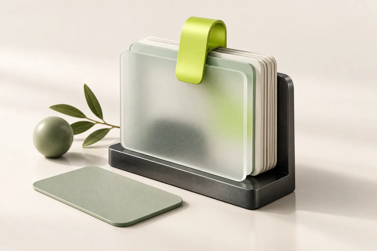 An orderly stack of blank glass and ceramic reference cards is held by a lime clip on a graphite base.