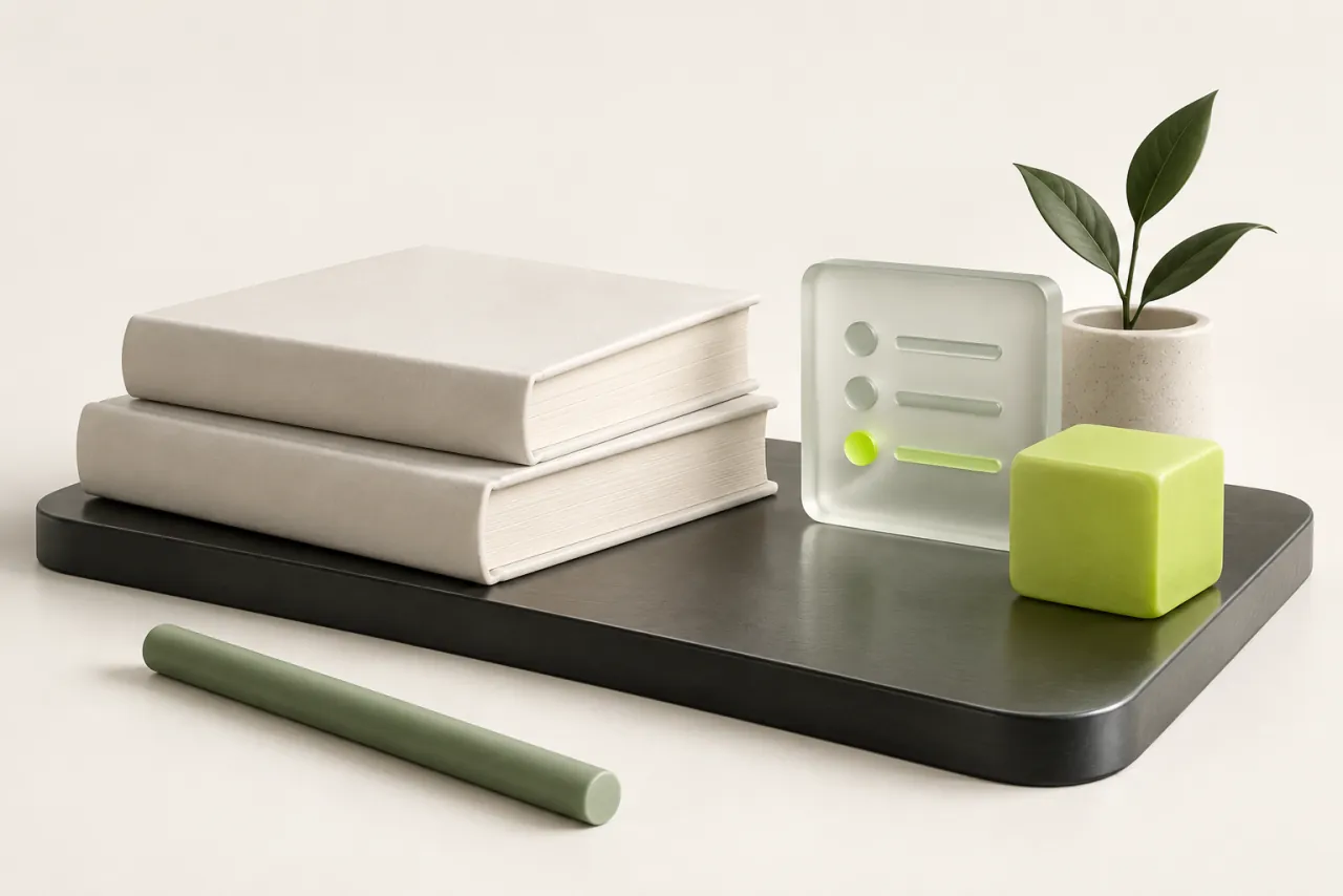 Ceramic workshop materials and frosted-glass learning tiles surround a lime practice block.