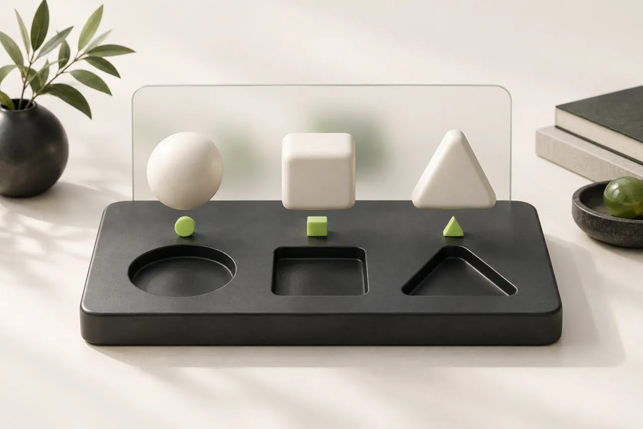 Different ceramic task shapes fit into a graphite planning board beside lime guide pieces.