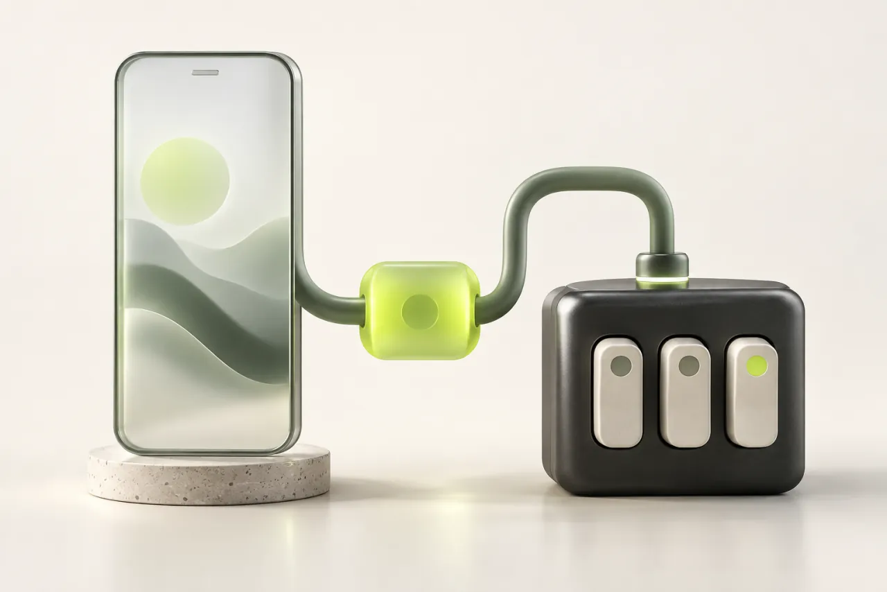 A lime connector joins a graphite control block to an upright glass mobile panel.