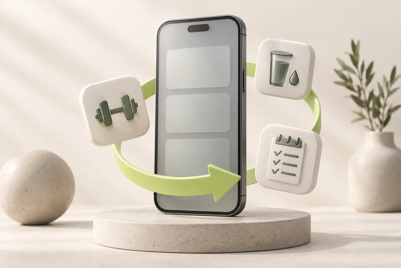 A graphite mobile device stands beside floating ceramic task tiles and a lime return loop.