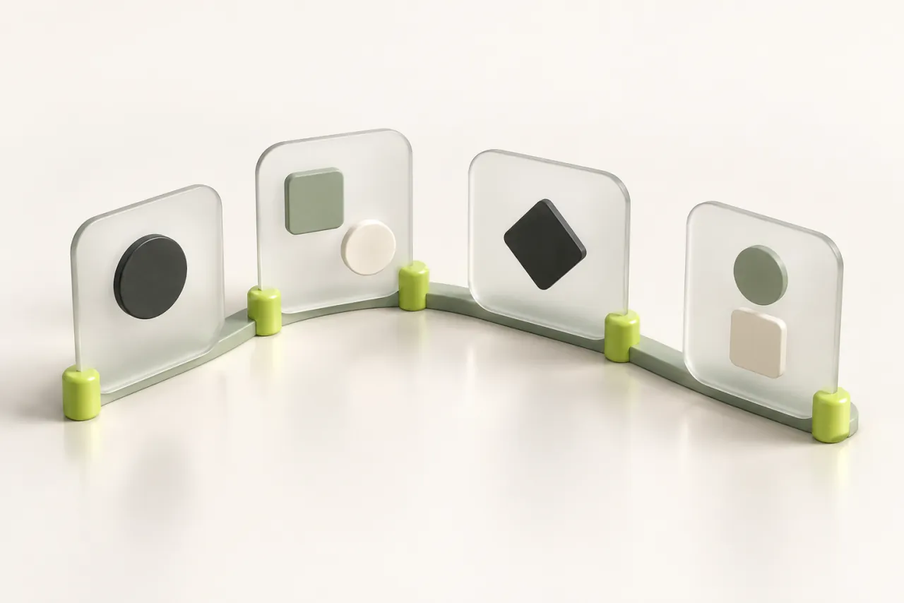 Small frosted-glass screen panels follow a curved sage track with lime connection points.