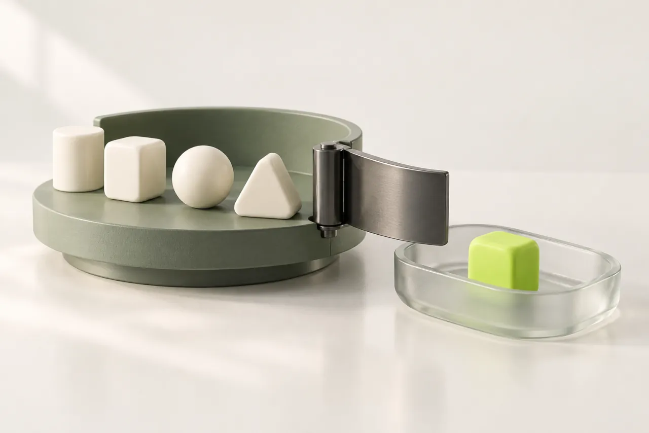 Sage carousel with a graphite gate opening toward a glass tray holding a lime block.