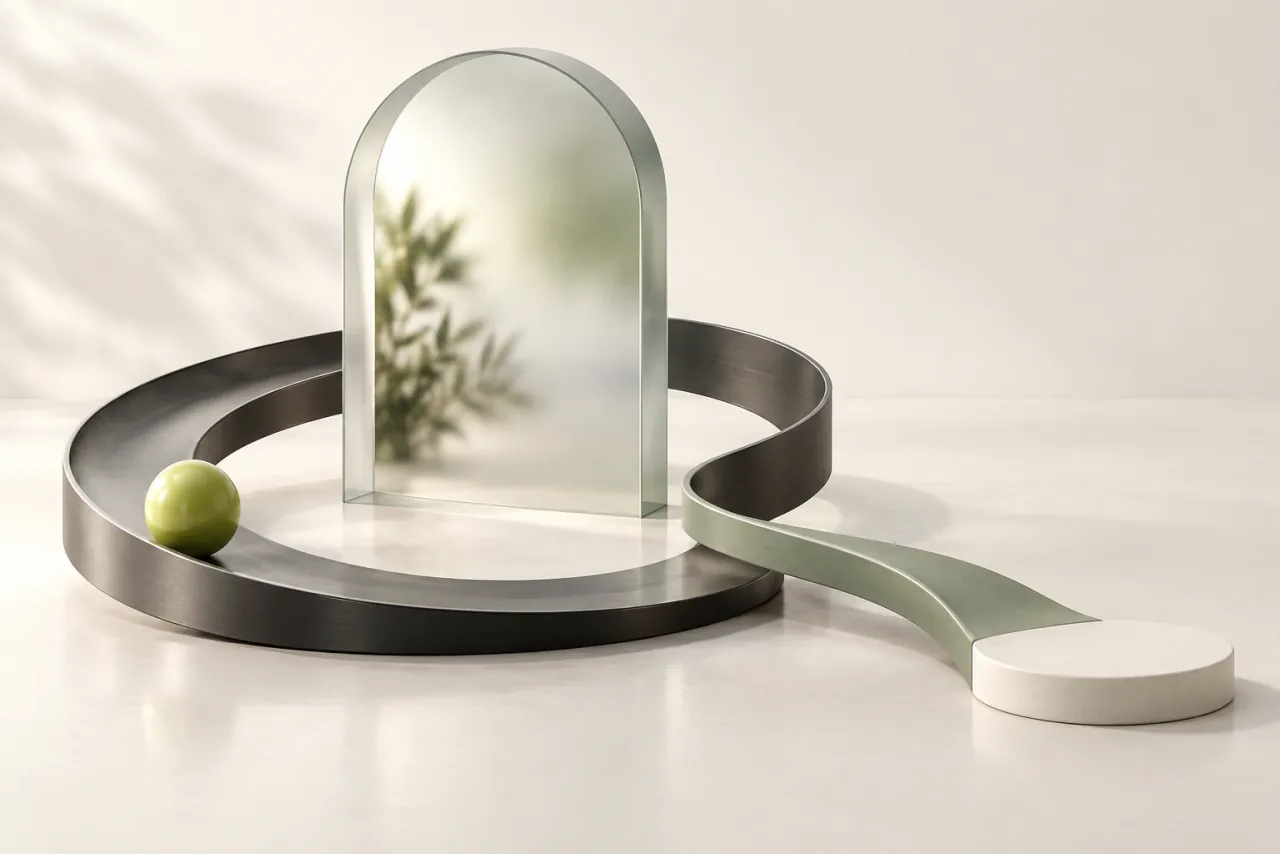 Open graphite loop around a glass doorway, with a lime sphere and a separate exit path.