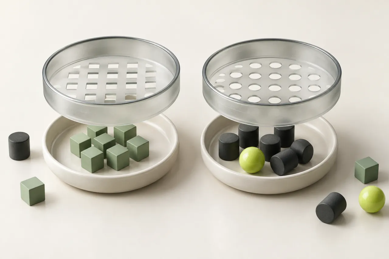 Glass sorting sieves and ceramic trays separating cubes, cylinders and a lime sphere.