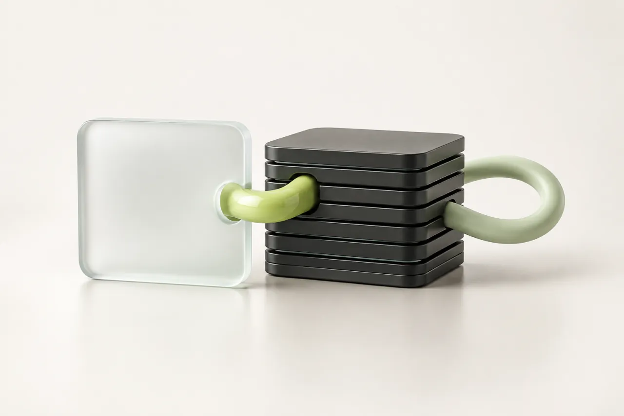 A lime ceramic connector links a glass response tile with an orderly graphite record stack.