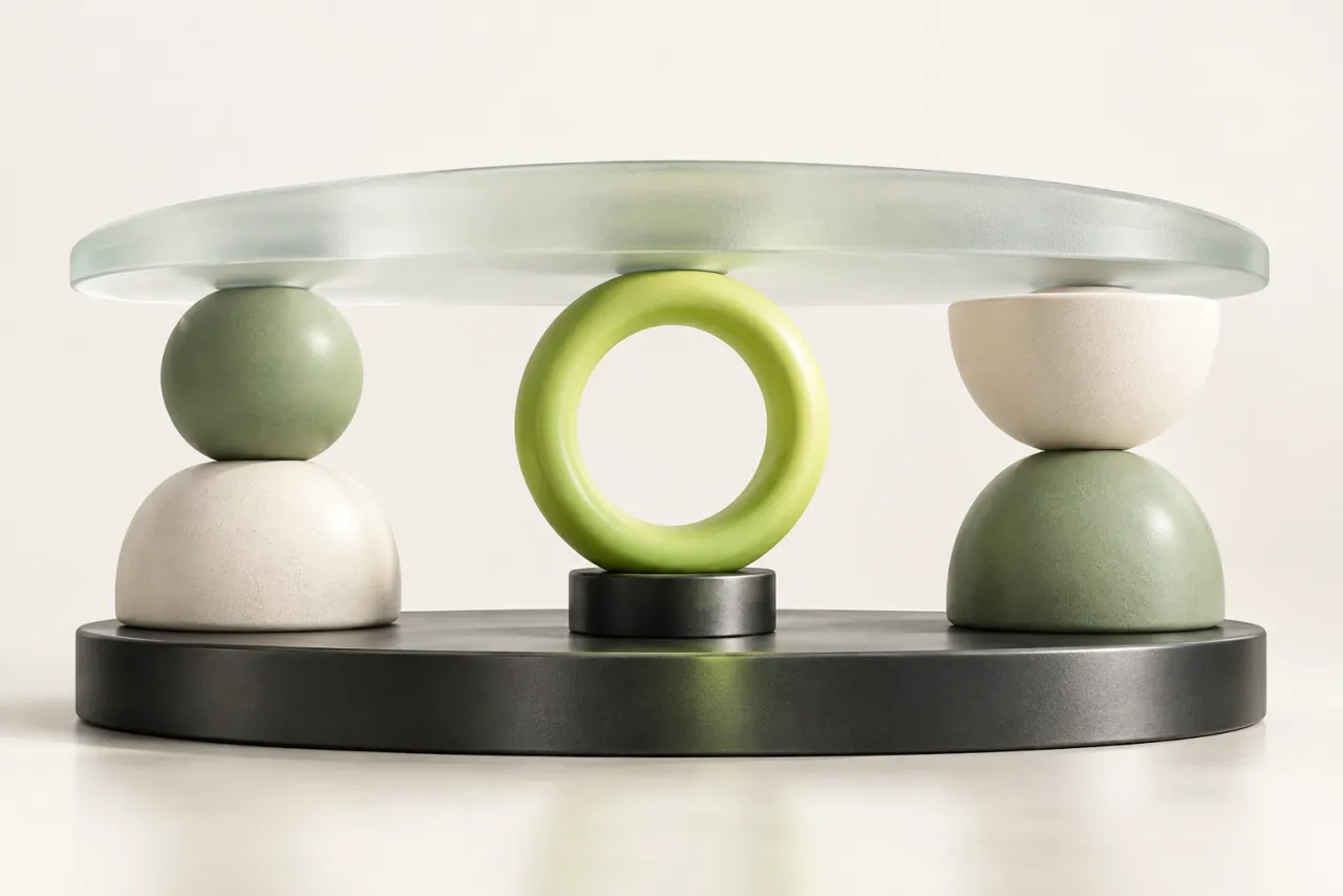 A frosted-glass canopy spans several balanced ceramic forms joined by a lime connective ring.