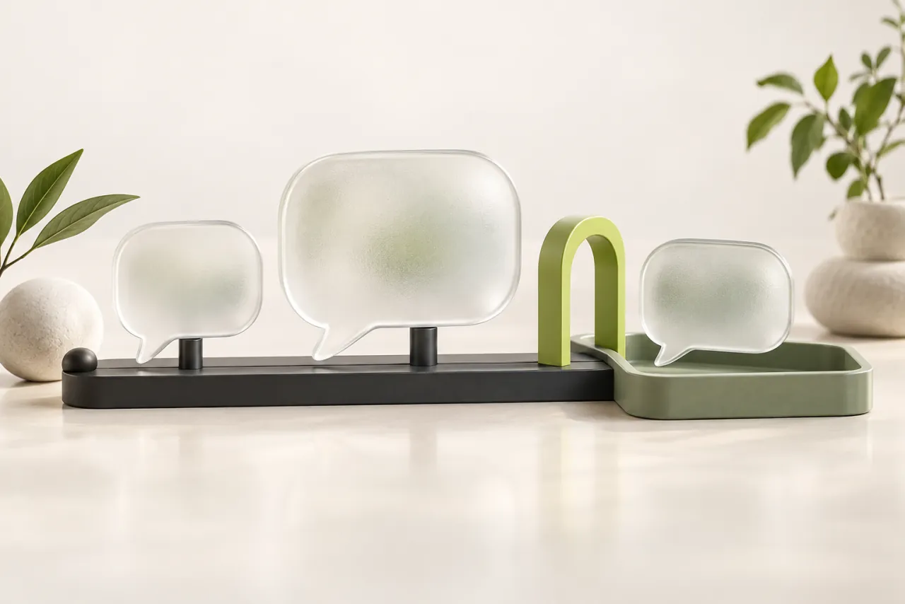 Three blank frosted-glass speech forms follow a graphite rail toward a lime review gate.