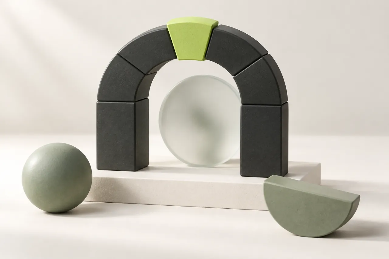 A charcoal block arch completed by a lime keystone, with spare sage components nearby.