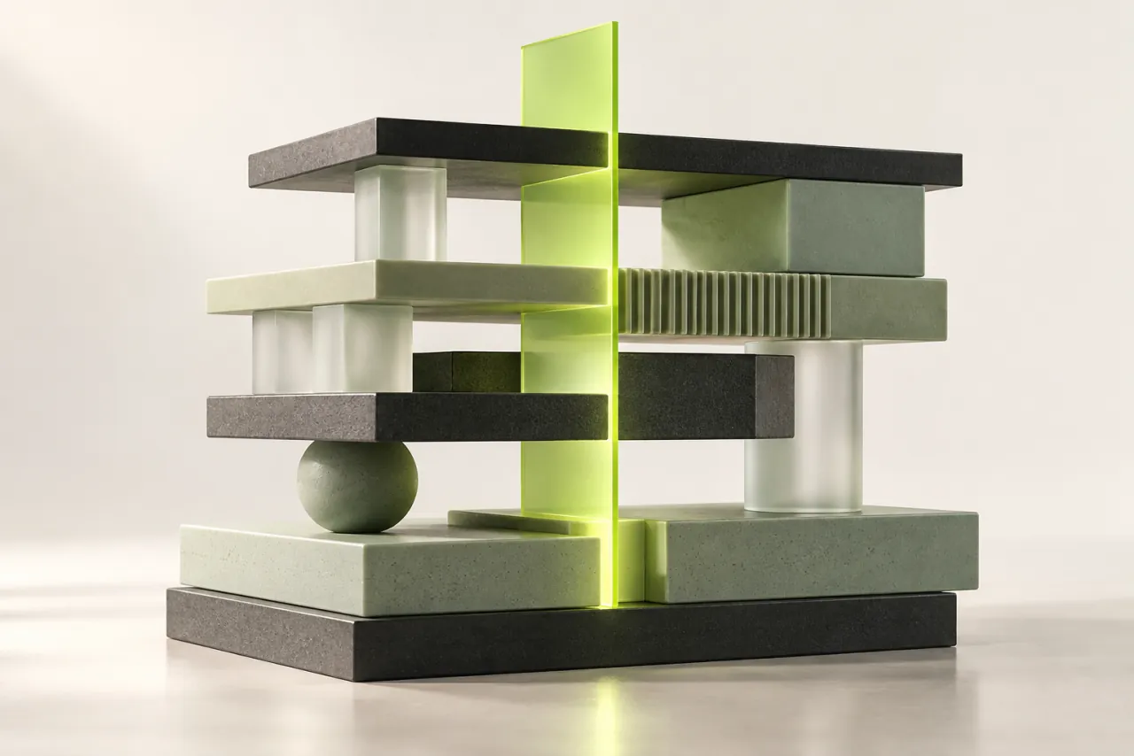 A lime diagnostic plane passes through stacked charcoal, sage and glass architectural layers.