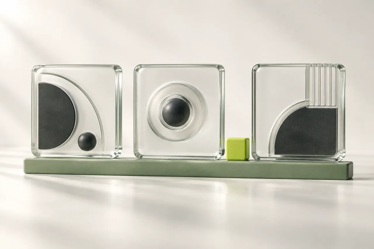 Three transparent tiles containing abstract components align on a sage bar beside a lime cube.