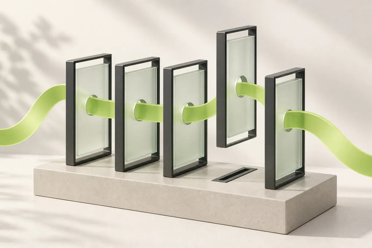 Aligned glass panels and charcoal architectural frames connected by a continuous lime ribbon.