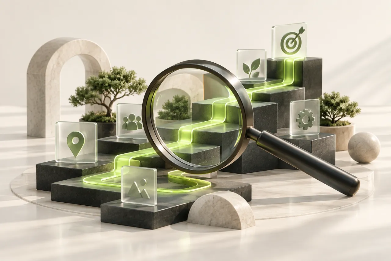 A glass magnifying lens frames a lime pathway running through charcoal steps and translucent search symbols.
