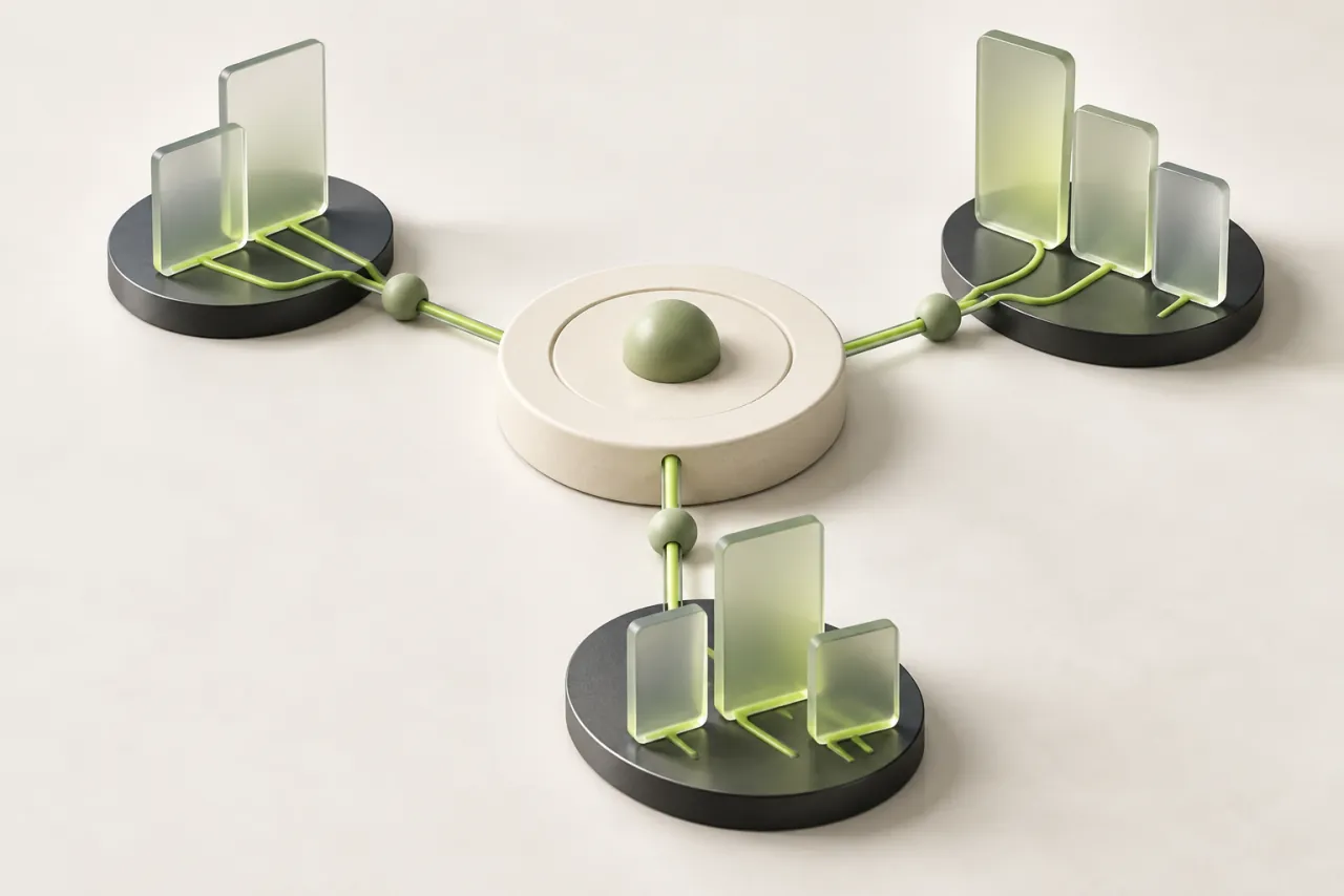 Sculptural groups of translucent cards connected by lime paths around a central charcoal platform.