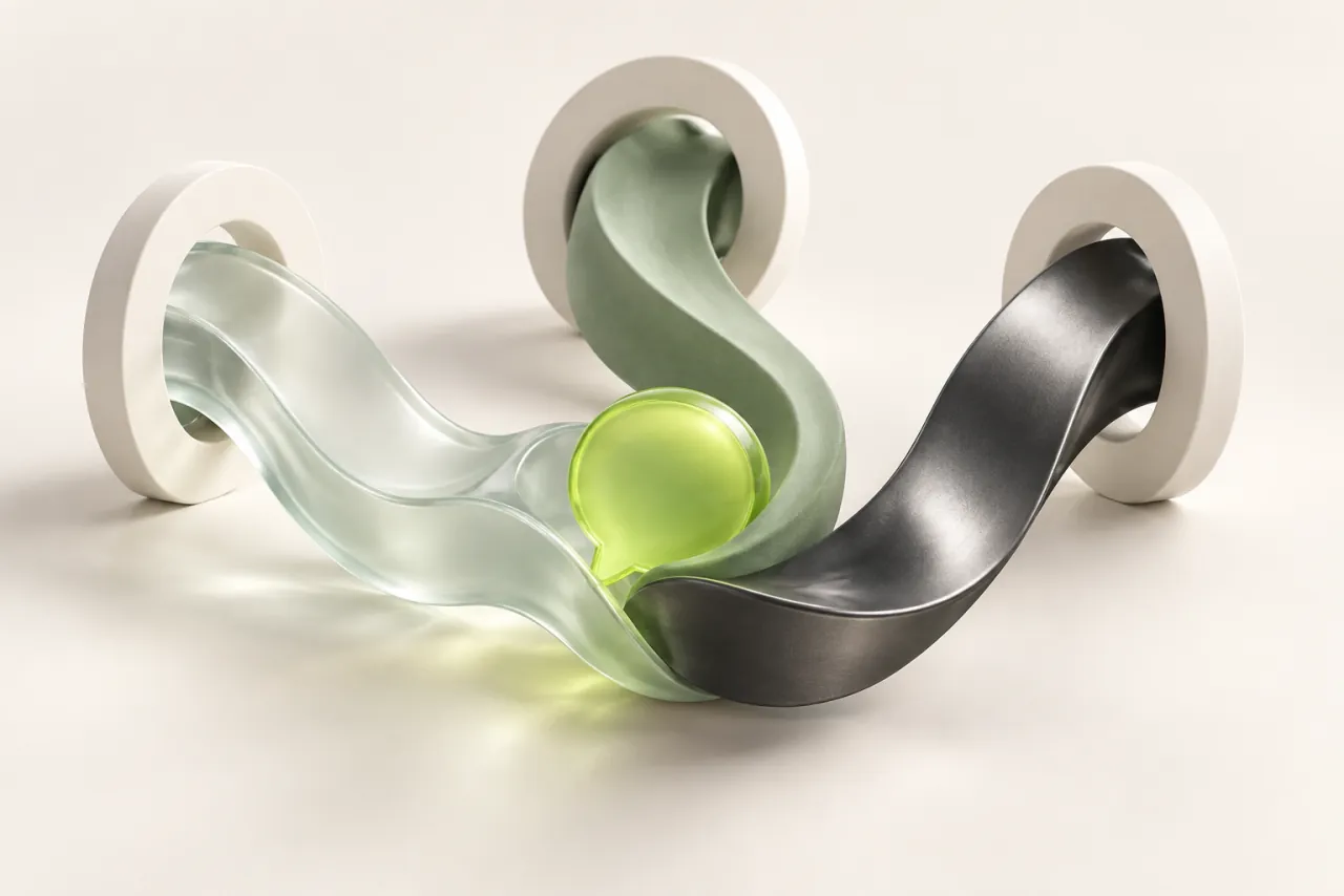 Glass, sage and graphite ribbons converge through ivory rings around a lime conversation bubble.