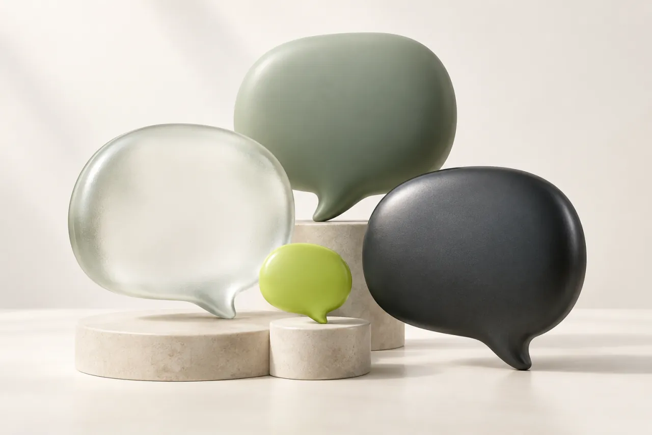 Empty conversation bubbles in frosted glass, sage, charcoal and lime arranged on ivory platforms.