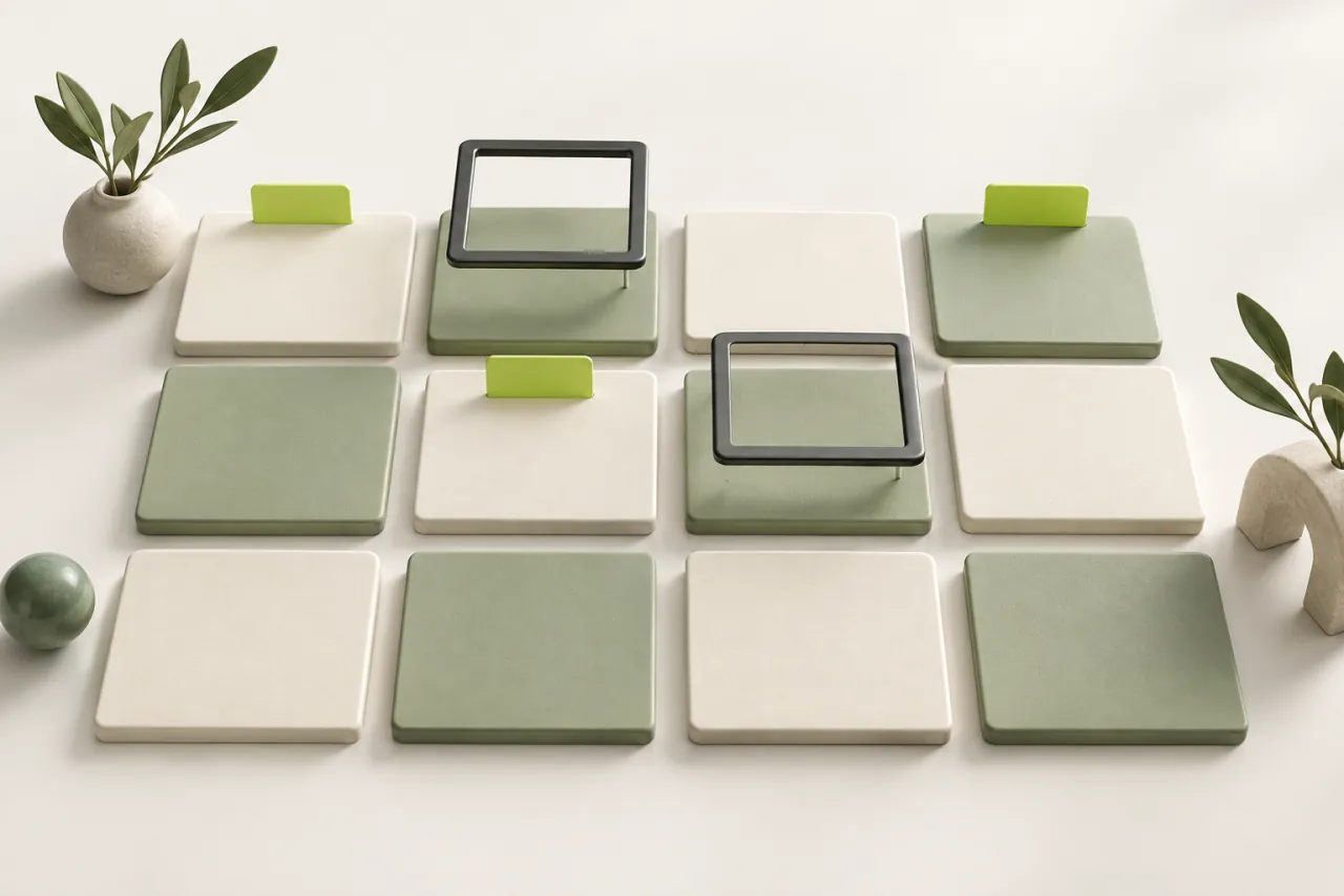A grid of blank sage and ivory content tiles with lime tabs and two movable charcoal frames.