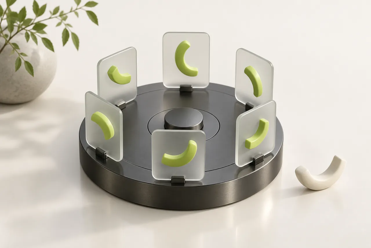 Circular graphite base with glass paddles showing a lime curved form in successive orientations.