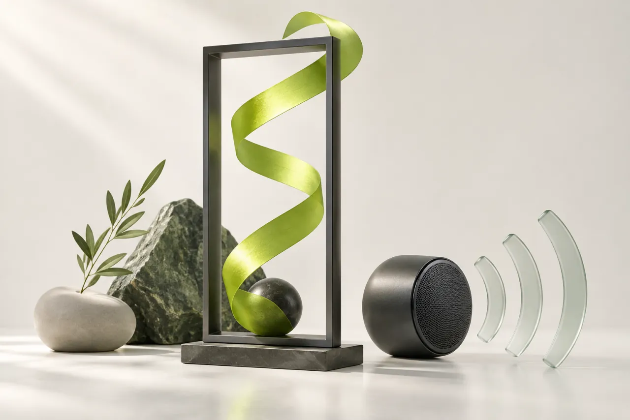 Lime ribbon spiralling through a graphite frame beside a speaker and glass waveforms.