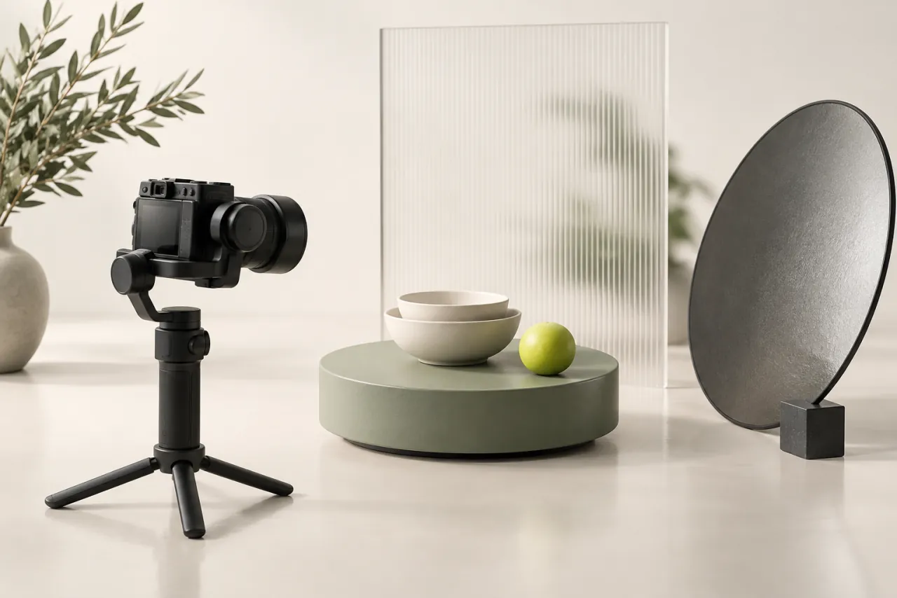 Camera on a compact gimbal facing nested ceramic bowls on a small turntable.