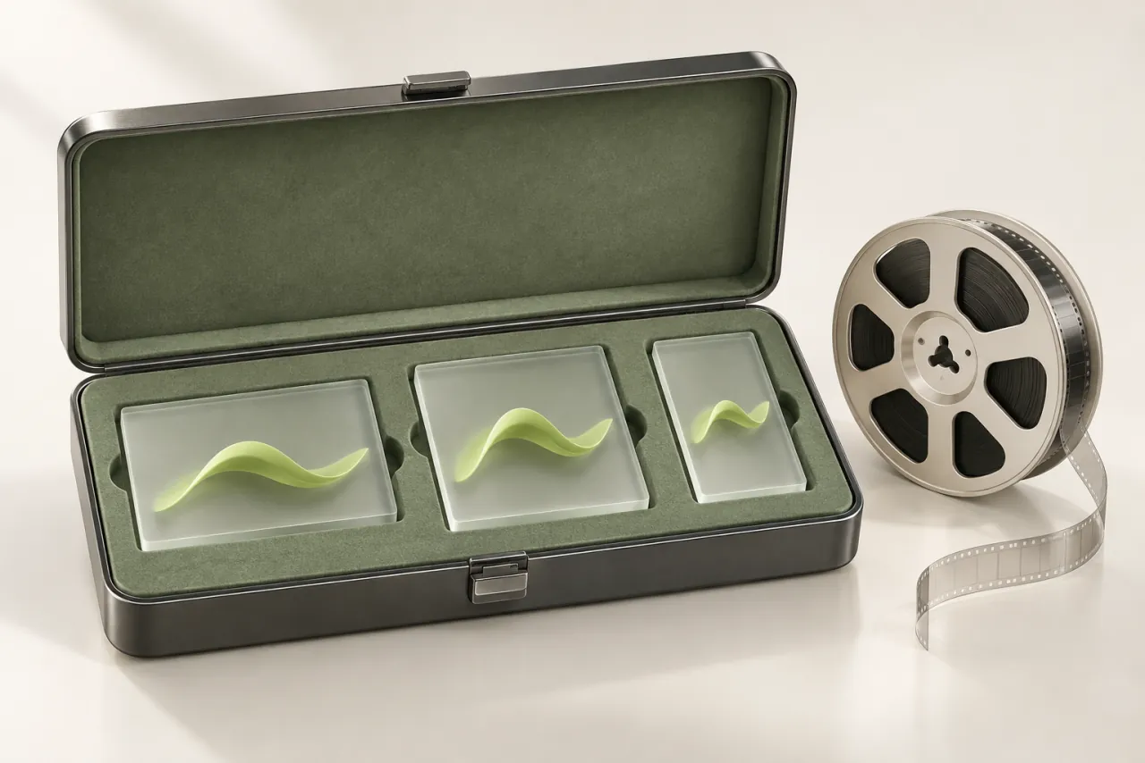 Open graphite case holding wide, square and portrait glass panels with matching lime wave forms.
