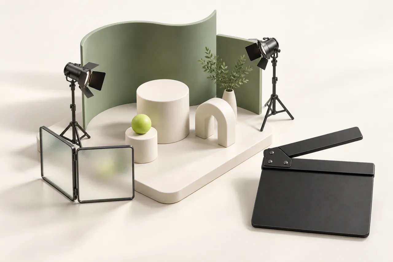 Miniature backdrop walls, light stands and ceramic props arranged beside a blank clapperboard.