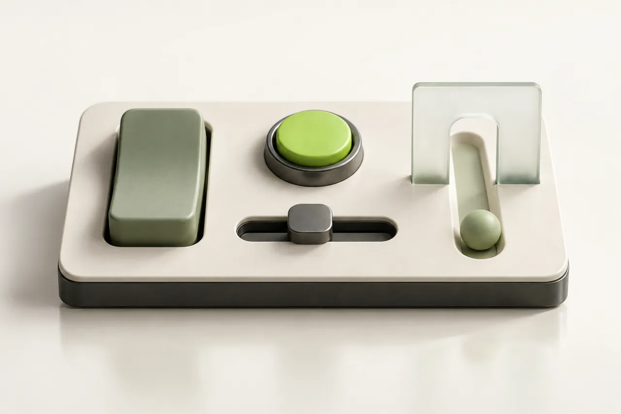 Ceramic testing board with a rocker switch, lime button, sliding control and glass gate.