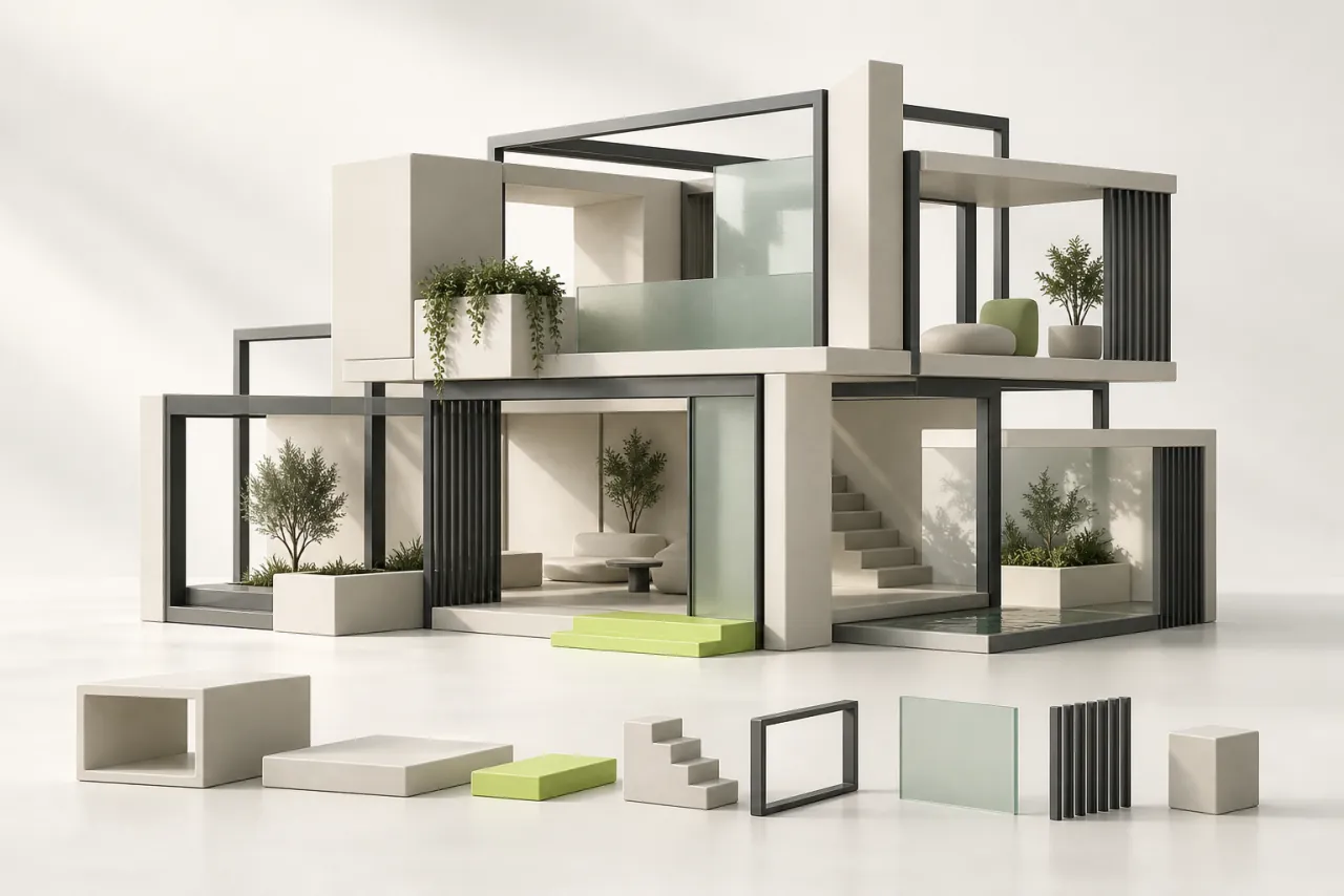 Modular ceramic pavilion with graphite rails, glass planes and a lime entrance step.