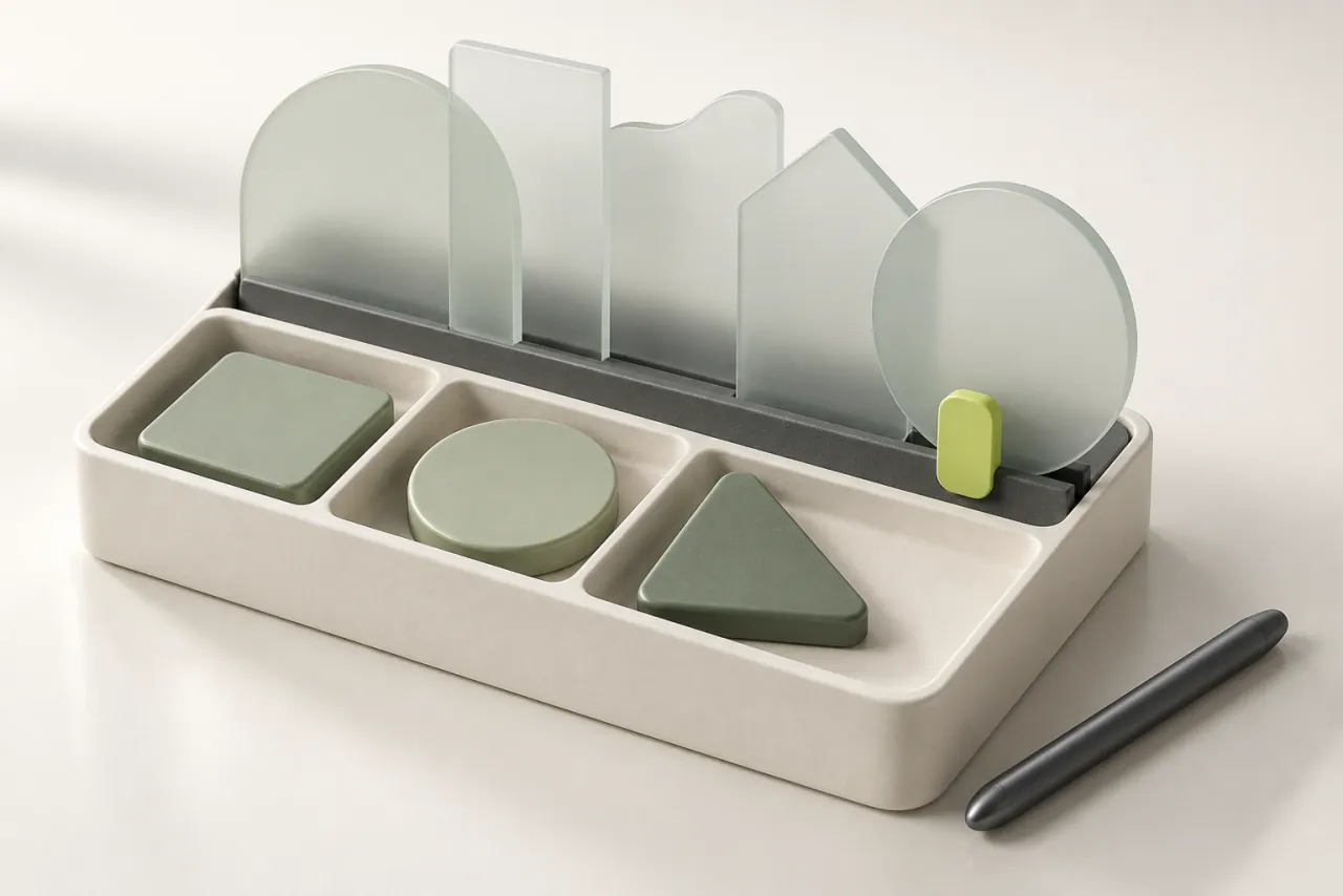 Glass index dividers and ceramic content tiles arranged in an ivory organiser.