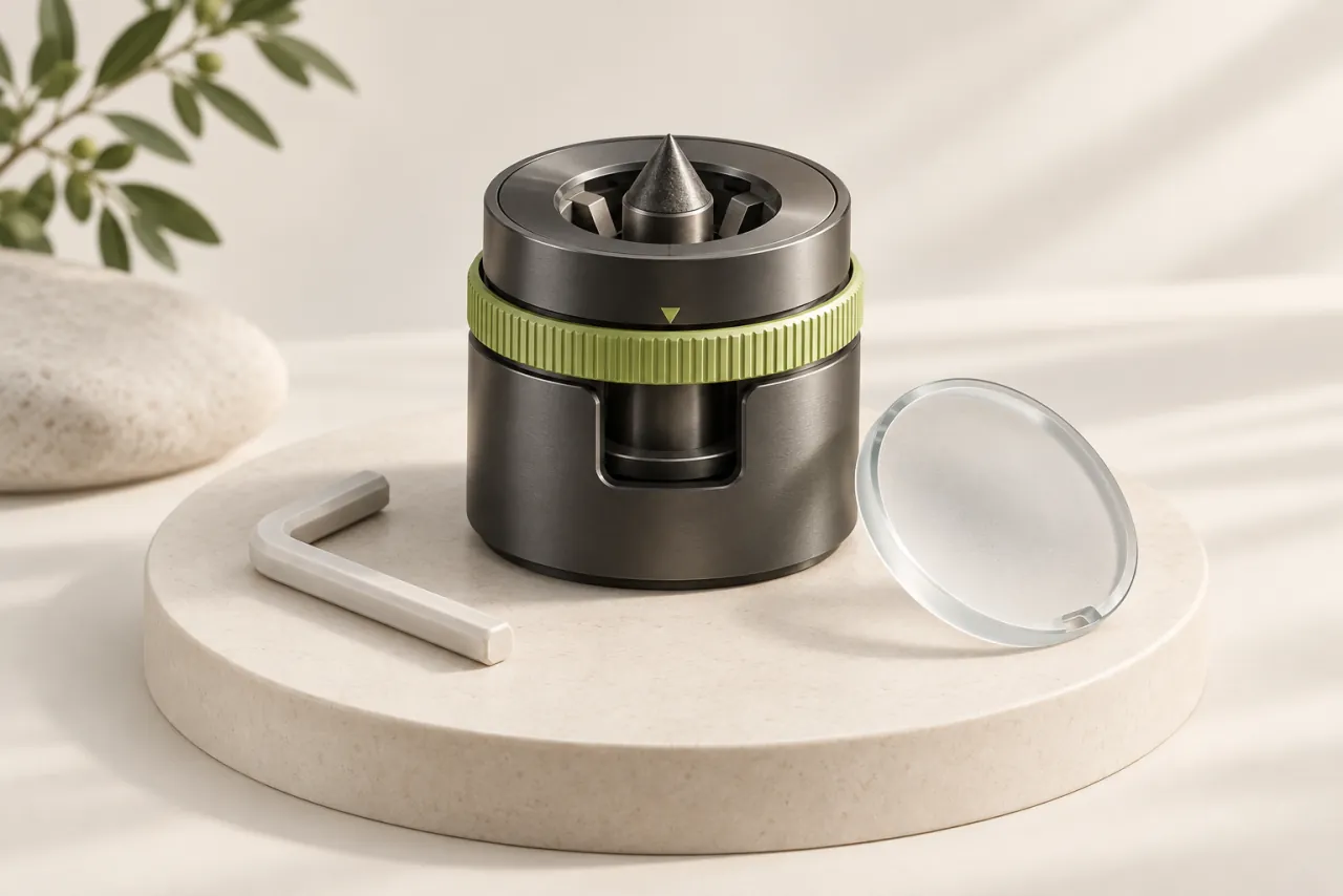 A graphite module with a lime adjustment ring rests beside a ceramic tool and glass inspection plate.
