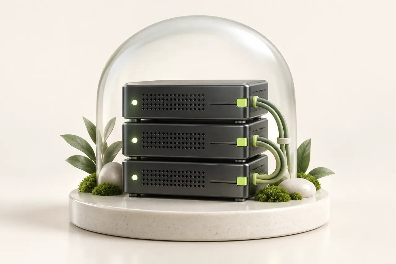Graphite server modules sit beneath a frosted-glass canopy with restrained lime connection details.