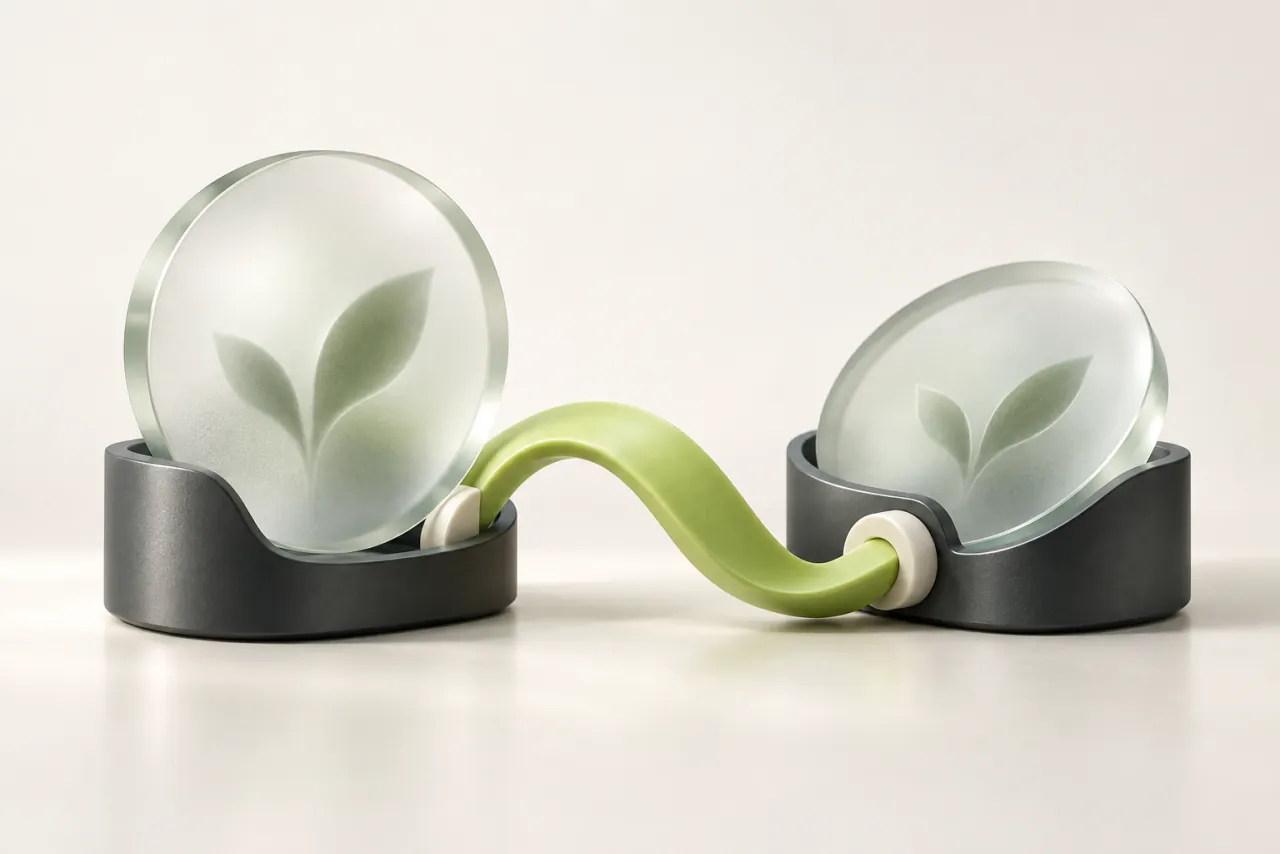 Paired graphite storage cradles hold matching glass discs connected by a lime loop.