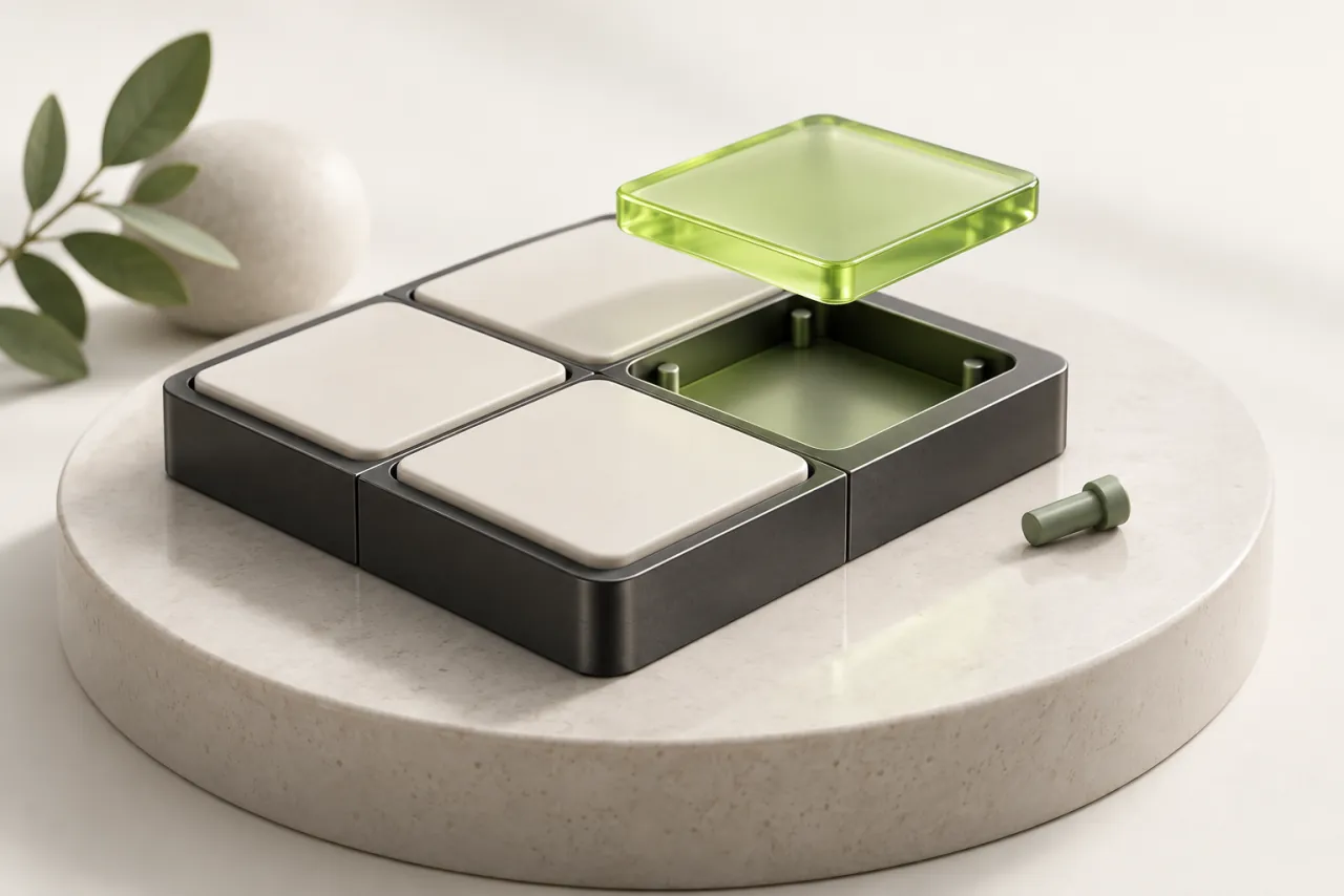 A modular graphite framework holds neatly fitted ceramic panels and one lime glass insert.