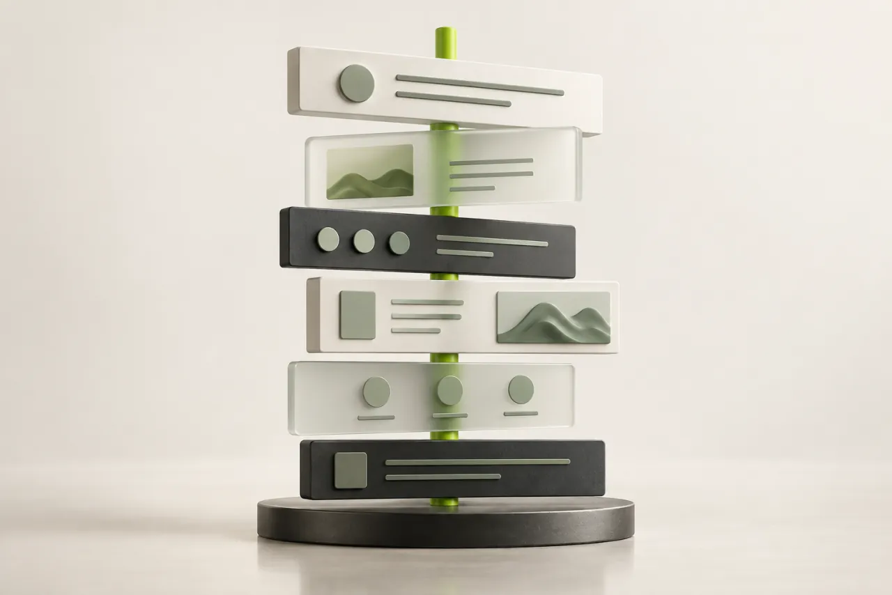 Layered ivory and graphite panels align around a lime structural spine.