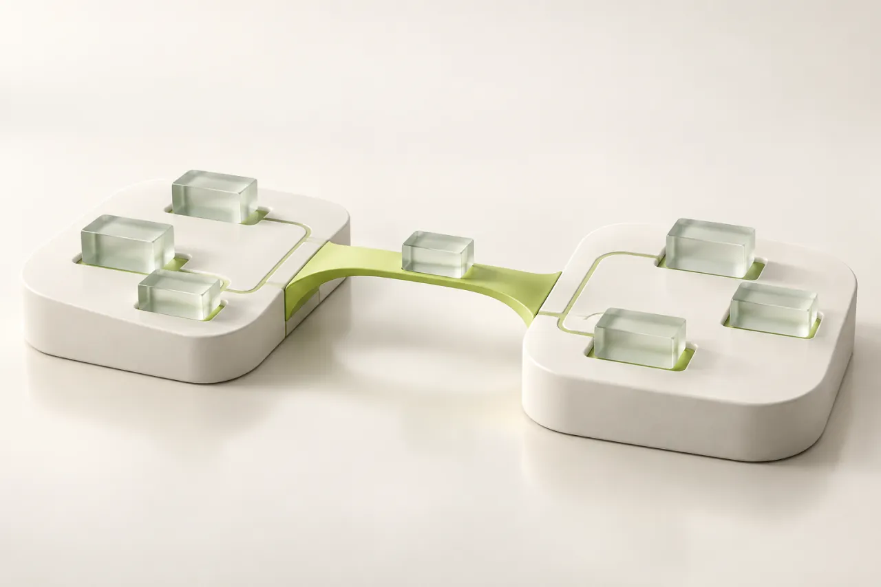 A lime bridge connects two ceramic platforms, with matching glass blocks arranged at each end.