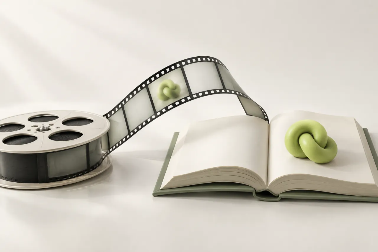 Blank translucent film strip curving from a reel toward an open ceramic book with a lime knot.