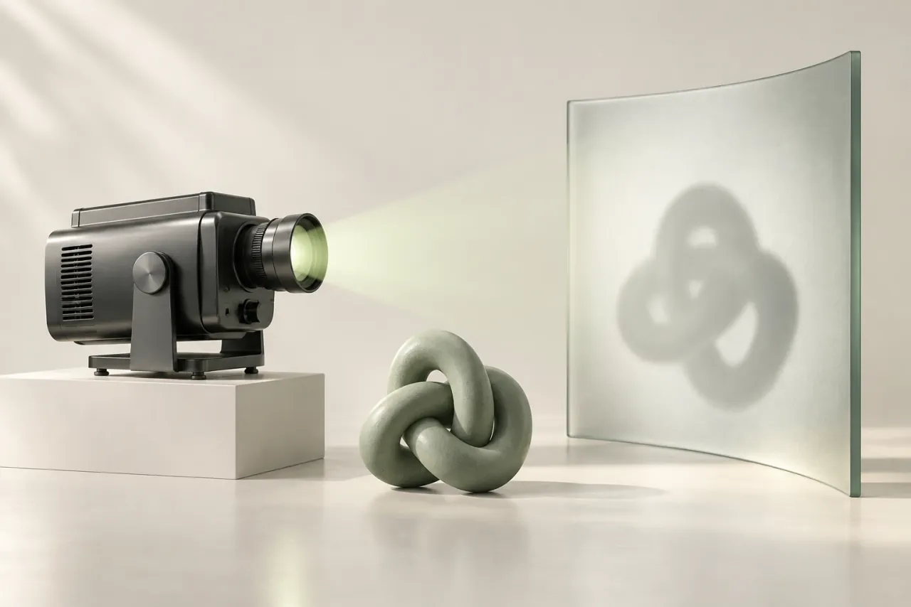 Graphite projector casting soft light and a ceramic knot's shadow onto curved glass.