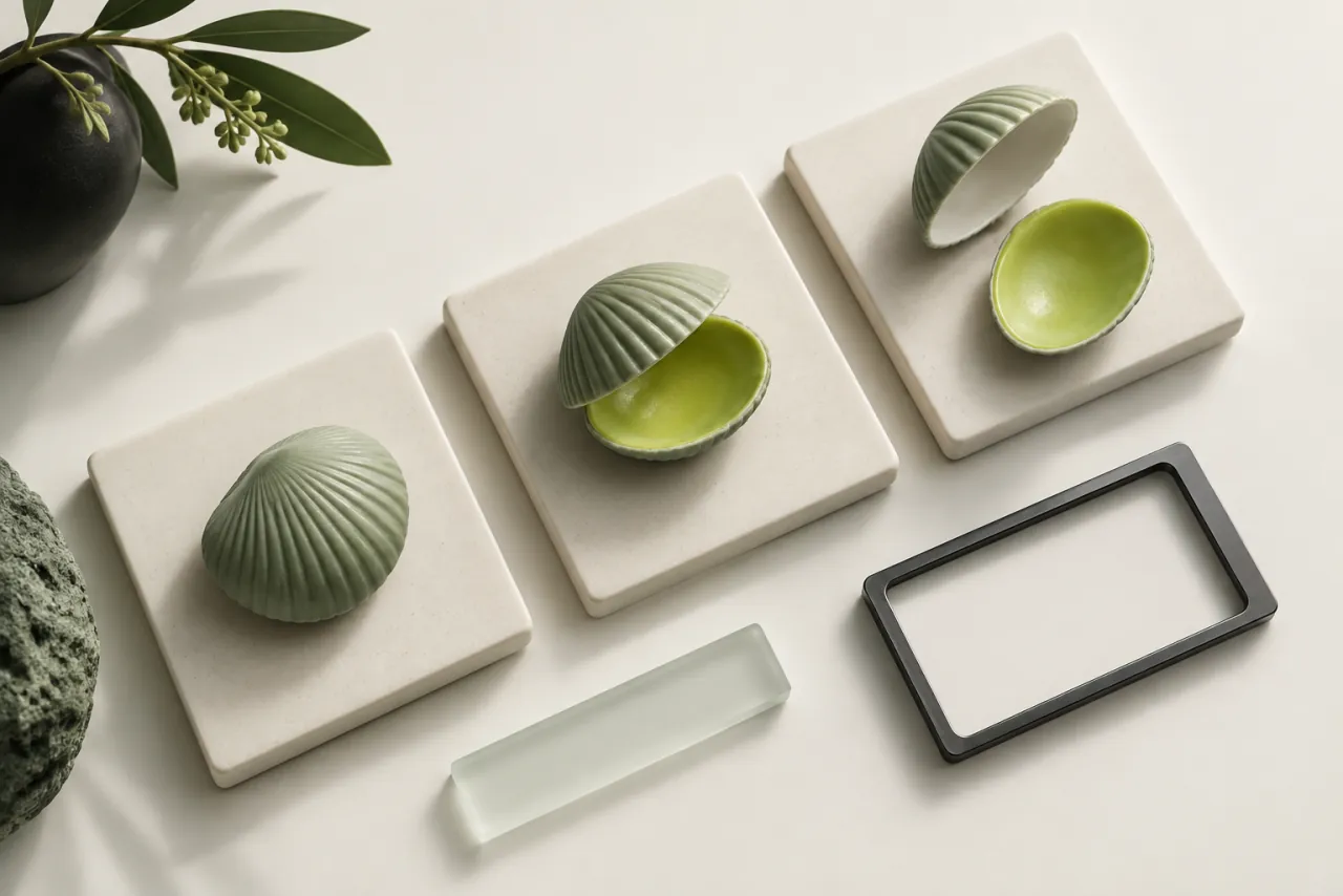 Three ceramic tiles showing a sage shell closed, opening and separated into its parts.
