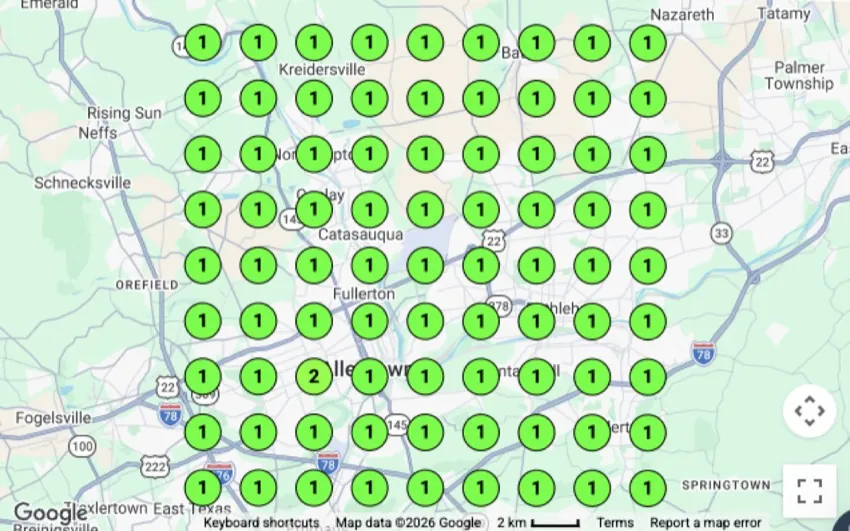 Historical local search ranking grid for asphalt paving in Allentown, PA