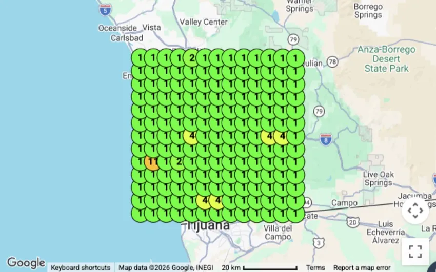 Historical local search ranking grid for asphalt contractor in San Diego, CA
