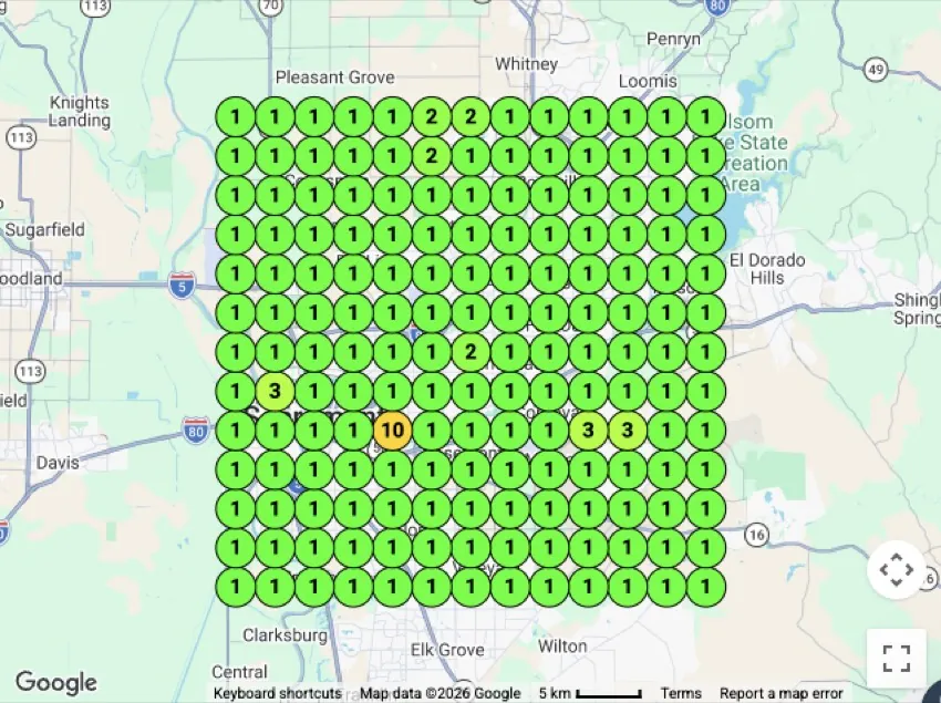 Historical local search ranking grid for demolition in Sacramento, CA