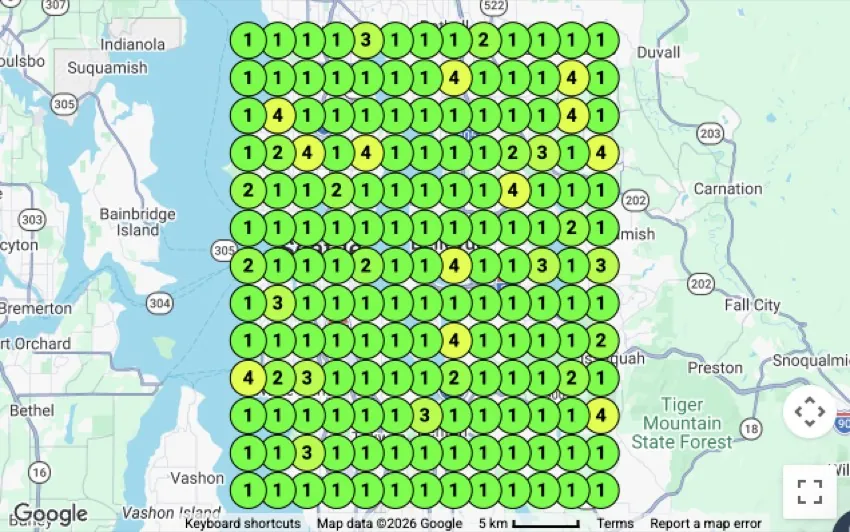 Historical local search ranking grid for parking lot maintenance in Seattle metro, WA