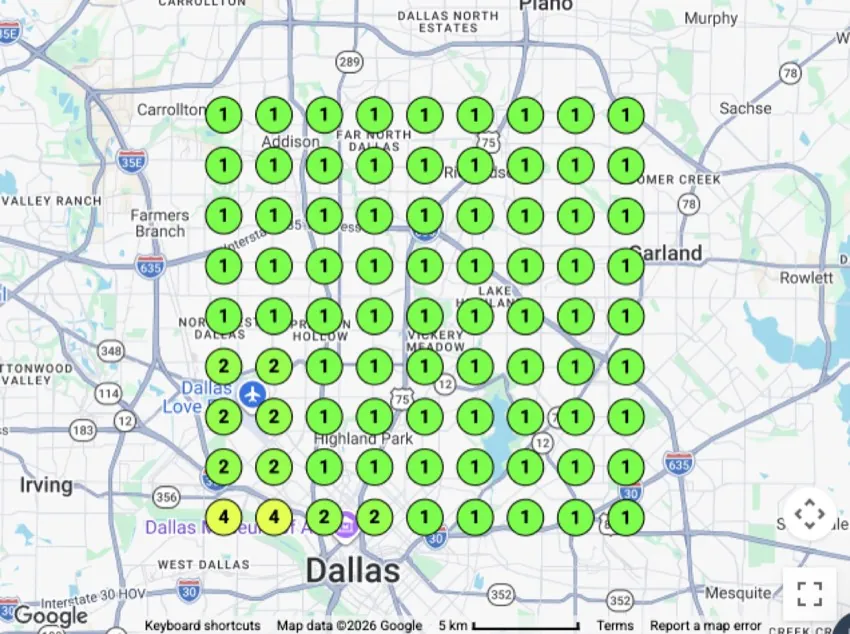 Historical local search ranking grid for demolition in Dallas, TX