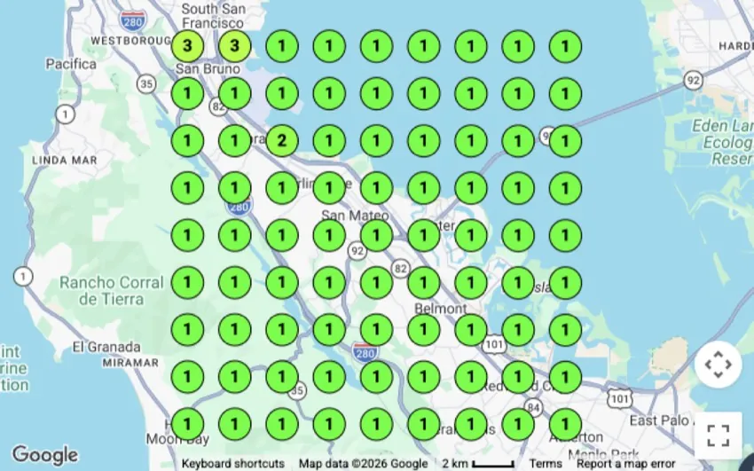 Historical local search ranking grid for auto glass repair in San Mateo, CA