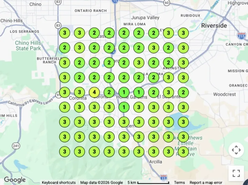 Historical local search ranking grid for fence company in Corona, CA